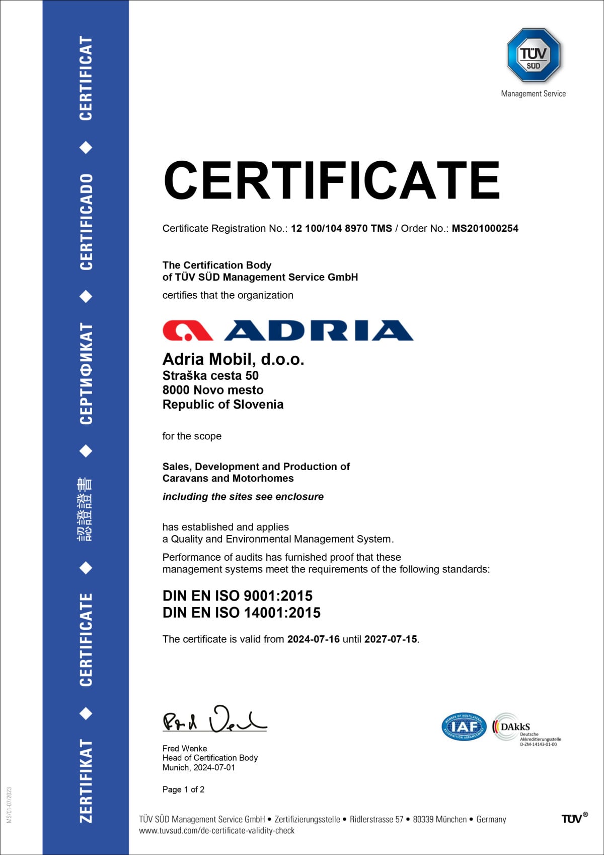 TÜV SÜD certificate: DIN EN ISO 9001:2015 and DIN EN ISO 14001:2015, Adria Mobil, d.o.o.